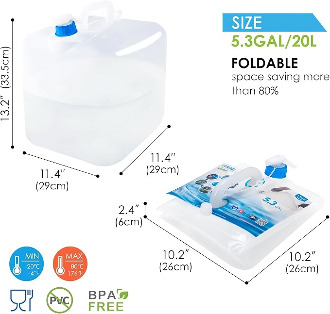Collapsible Water Container with Spigot & Vent, 4×5.3 Gallon BPA Free Camping Water Storage Jug, for Hiking Backpack Outdoors & Emergency, Portable Survival Kit - Food Grade Transparent PE