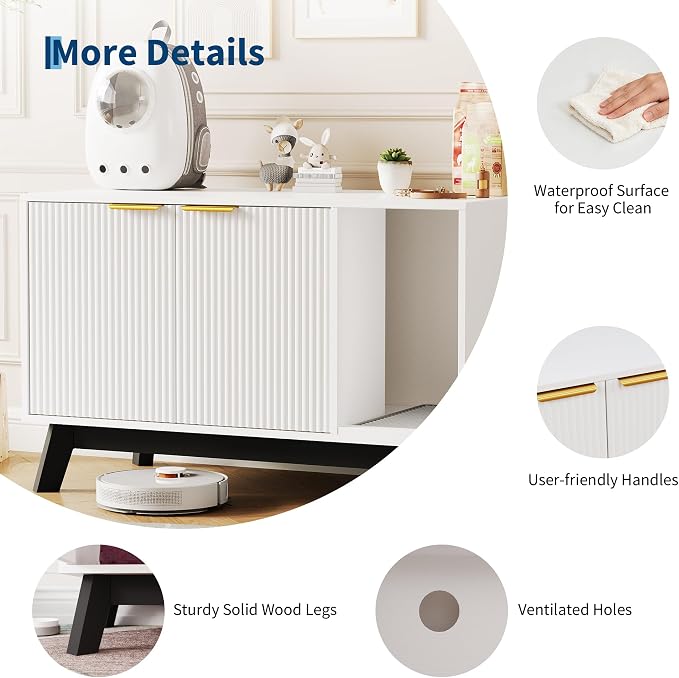 Garvee Cat Litter Box Enclosure, 39" Litter Box Enclosure Furniture Hidden Litter Box with Cat Litter Mat and Ventilated Holes, Modern Indoor Cat House, Side End Table for Living Room, White