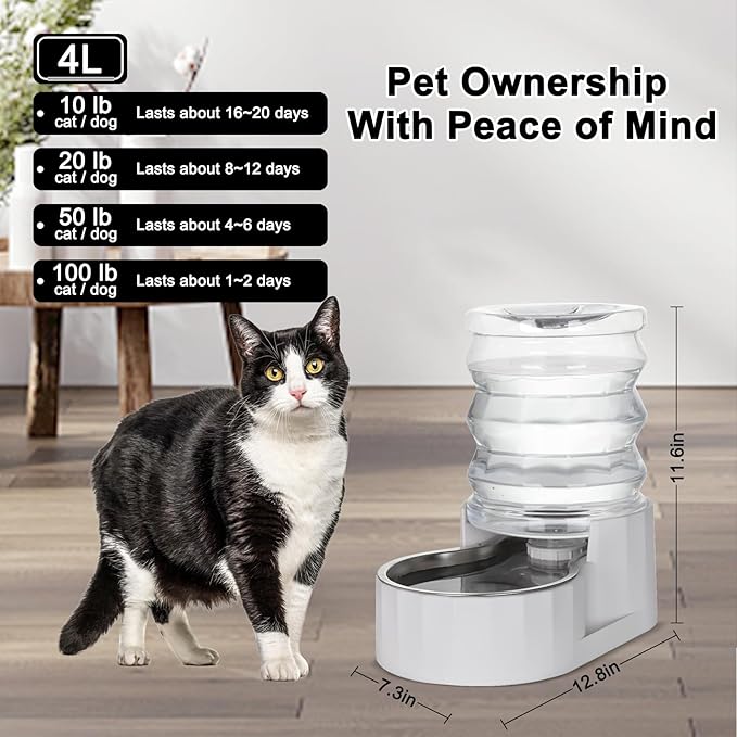 RIZZARI 4L Stainless Steel Gravity Water Dispenser for Cats and Small Dogs, No Filter Automatic Pet Water Bowl, Low Maintenance Indoor Hydration Station for Apartments and Busy Pet Owners