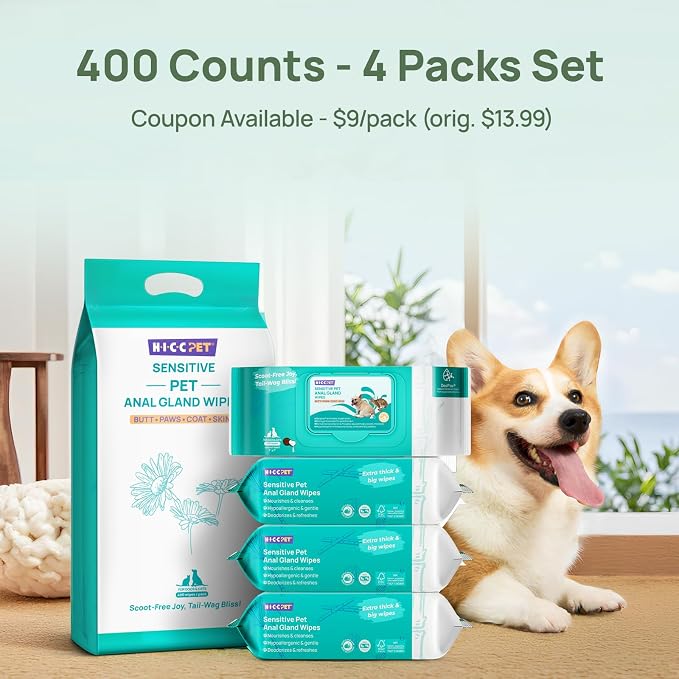 HICC PET Dog Wipes Cleaning Deodorizing 400 Counts, Vet-Trusted Anal Gland Wipes – Helps Stop Butt Scooting, Paw Licking & Eliminates Fishy Odor, Hypoallergenic Pet Grooming Wipes for Paws and Butt