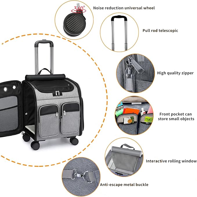 Wheeled Pet Carrier Backpack Pet Stroller,Travel Carrier with Detachable Wheels for Small Dogs Cats Puppies Up to 17 Lbs, Folding Puppy Carrier,Mesh Ventilation Windows, Storage Pockets