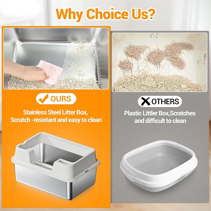 24.6 Inch Large Cat Litter Box, Semi-Enclosed Stainless Steel & PP Pan with High Sides for Anti-Leakage, Flip-Top Lid & Scoop Included for Large Cats-Beige