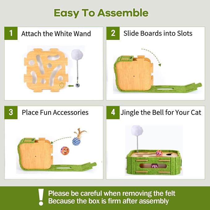 Cat Puzzle Box Toy for Indoor Cats Boredom Relief Interactive Wooden Cat Enrichment Maze with Jingle Balls, Feather Wands & Spiral Springs, Slow Feeder Treat Dispenser for Kittens & Adult Cats