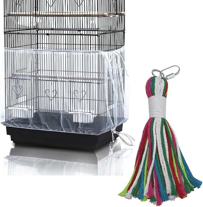 ASOCEA Bird Cage Seed Cather with Pet Bird Parrot Colorful Cotton Rope, Universal Adjustable Birdcage Cover Skirt Nylon Mesh Netting Parrot Parakeet Macaw African Round Square Cages Cover
