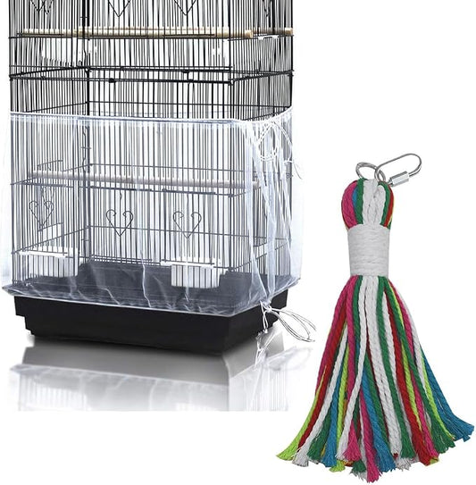 ASOCEA Bird Cage Seed Cather with Pet Bird Parrot Colorful Cotton Rope, Universal Adjustable Birdcage Cover Skirt Nylon Mesh Netting Parrot Parakeet Macaw African Round Square Cages Cover