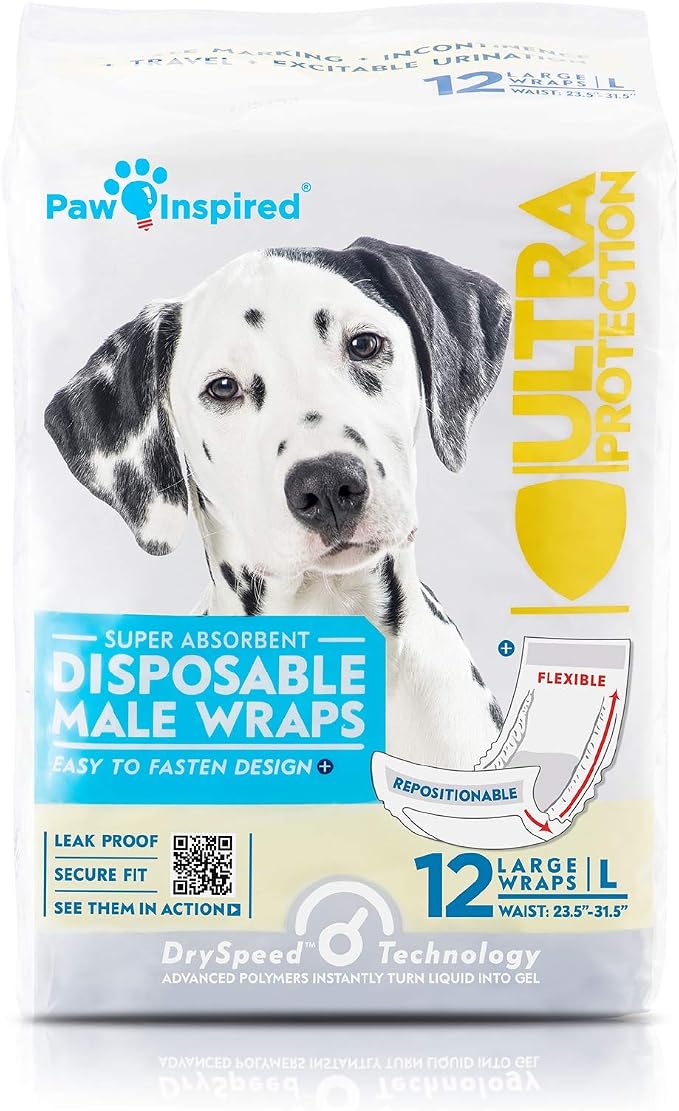 Paw Inspired Disposable Male Dog Wraps, Belly Band for Dogs | Disposable Dog Diapers | Belly Bands for Male Dogs (72 Count, Large)
