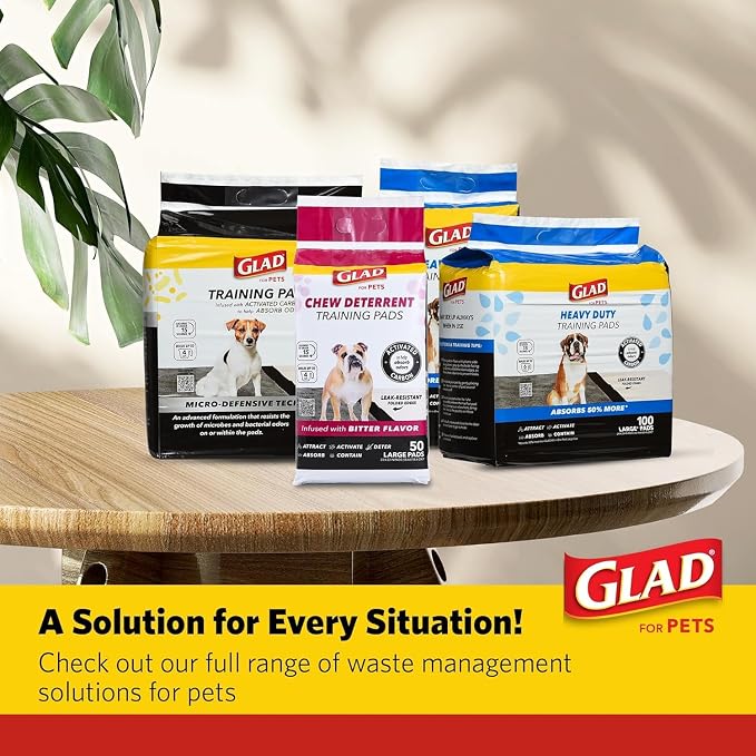 Glad for Pets Activated Carbon Puppy Training Pads with Chew Deterrent and Attractant, Odor Control, 23 x 23 Inch Disposable Dog Pee Pads, 6-Layer Leak-Resistant Potty Pads, 50 Count - 2 Pack