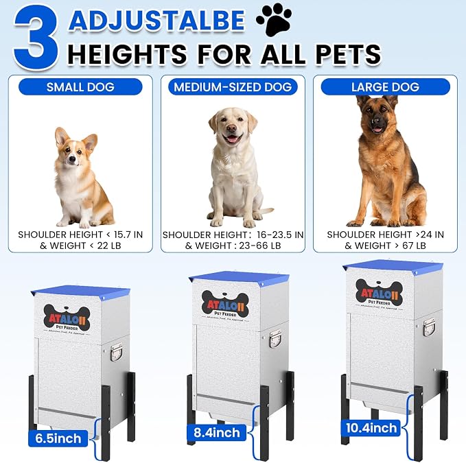 Automatic Dog Feeder 25 lbs — Height-Adjustable, Gravity Dog Feeder Dispenser with Magnetic Door, Large Capacity Self-Feeding Station for Small Medium Large Dogs, Indoor & Outdoor (Blue)