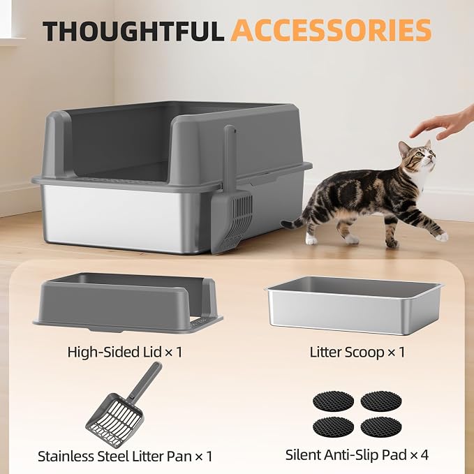 WoofiGo Enclosed Stainless Steel Cat Litter Box with Lid, XL Extra Large Litter Box for Big Cats, Metal Litter Pan High Sided, Never Absorbs Odors, Anti-Urine Leakage, Include Scoop (65-LightGray)