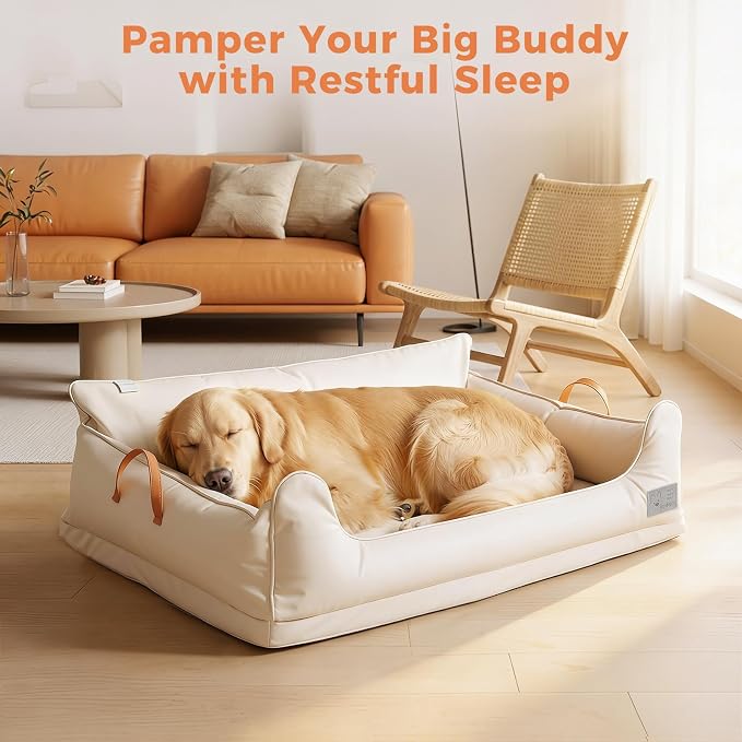 Removable Orthopedic Dog Beds for Large Dogs, Leather Memory Foam Dog Sofa Bed, Waterproof Durable Dogs Bed Couch with Non Skid Bottom for All Pet Sizes (Beige, Large)