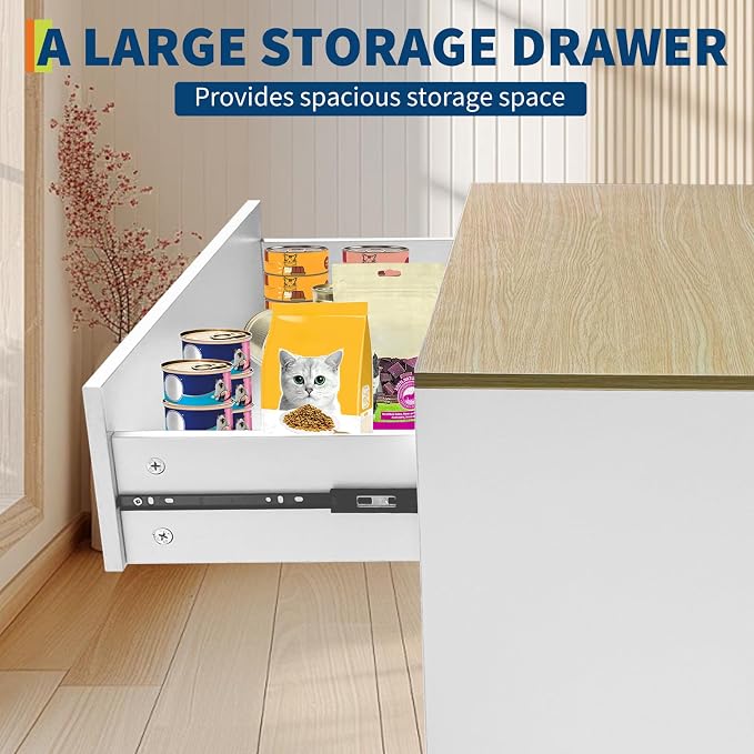 PeakPursuit Hidden Litter Box Enclosure Furniture, 31.5'' Wooden Self Cleaning Litter Box Cabinet with Storage Drawer and Sisal Doors, Corner Cat Kitten Cabinet Side Table White