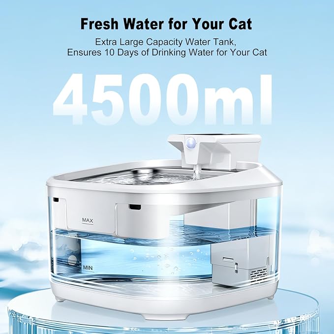 Cat Water Fountain LOXIBAO, 4.5L Large-Capacity Automatic Stainless Steel Pet Fountain with Drinking Spout, High-Capacity Rechargeable Cat Water Fountain - Ultra Quiet Pump for Cats & Dogs,2 Filters