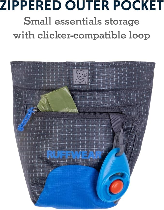 Ruffwear Treat Trader Dog Treat Pouch, Hands-Free Waist-Worn, One-Handed Magnetic Closure, Belt (30-48 in) or Clip, Waterproof Food-Grade Lining, Zippered Pocket, Clicker Loop, Blue Pool, Granite Gray