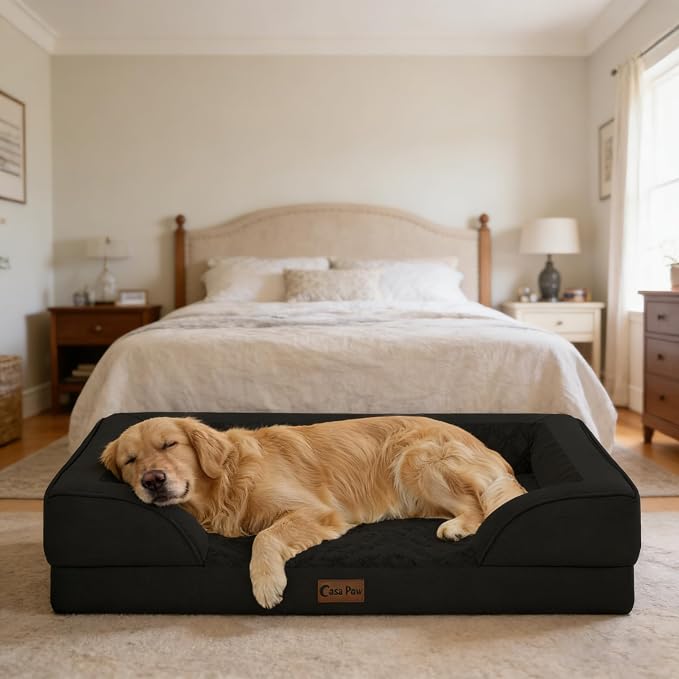 Orthopedic Dog Beds for Extra Large Sized Dogs 42x30 Inch, XL Waterproof Egg Crate Foam Dog Sofa Bed with Removable Washable Cover Big Pet Couch with Bolster & Non-Slip Bottom, Black