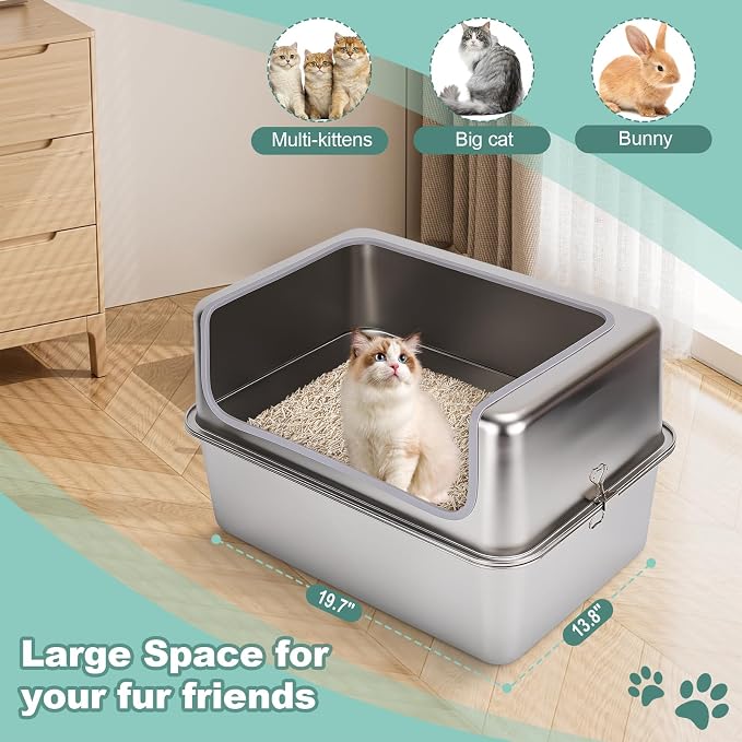 Stainless Steel XL Cat Litter Boxes with Metal Lid,20x14x12'' Extra Large Kitty Litter Pan with High Wall Enclosure-Odor Free&Easy to Clean