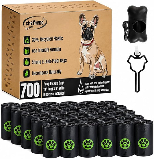 Dog Poop Biodegradable Black Bags with Dispenser (700 Bags) Eco-friendly doggy poop bags Pickup Bag 35 Refill Rolls Eco Dog Waste Bags Cat Litter Clamps & Poop Bags (35 Rolls, Uscented)