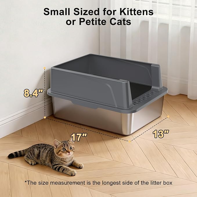 FURTIME Stainless Steel Cat Litter Box, Easy-Clean High-Sided Metal Litter Box, Open-Top Litter Pan for Small Cats, Includes Scoop & Mat, Non-Stick, Anti-Leakage, 17"×13"×8.4"