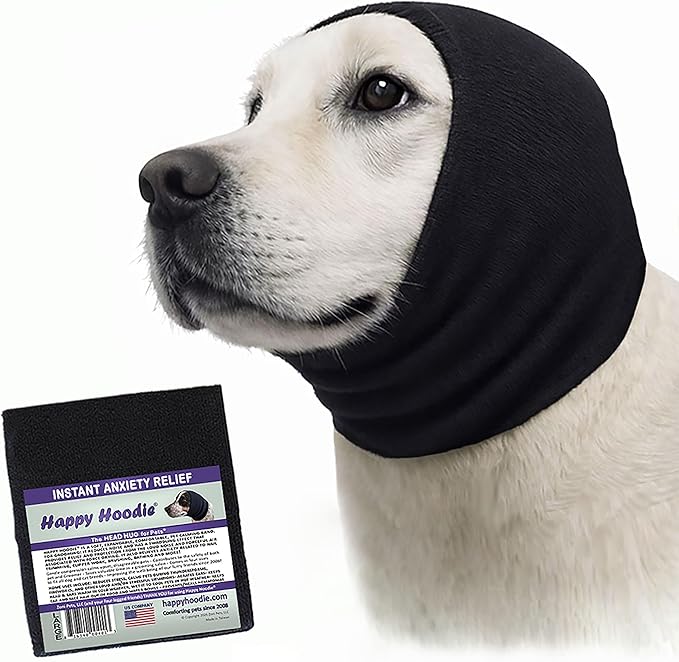 Happy Hoodie The Original Dog & Cat Calming Band - American Brand - Anxiety Relief/Noise Protection - Grooming - Thunder - Fireworks (Large, Black) - Since 2008