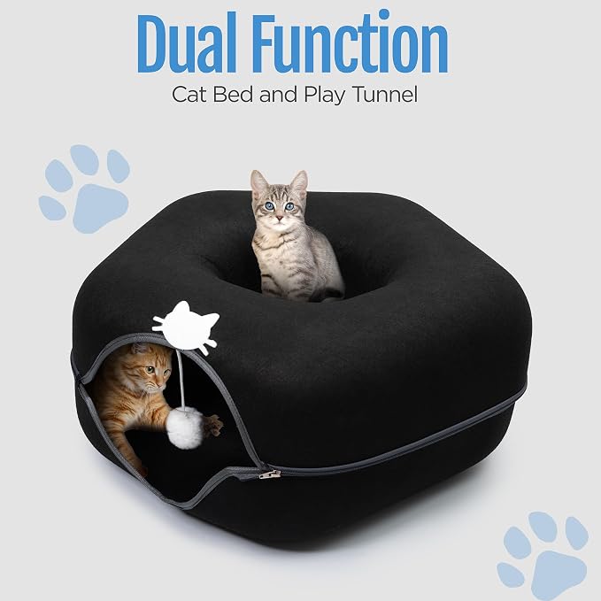 Large Cat Cave Bed for Indoor Cats, Cat Donut Tunnel Bed with Peekaboo Hideaway, Hanging Toy Ball & 3 Play Balls, Felt Cat Cave Bed for Multiple & Large Cats to 30lbs, Detachable Washable Meow Mansion