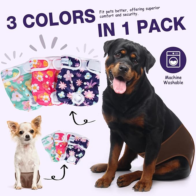 Pet Soft Washable Female Diapers (3 Pack) Female Dog Diapers, Comfort Reusable Doggy Diapers for Girl Dog in Period Heat (Bloom, S)