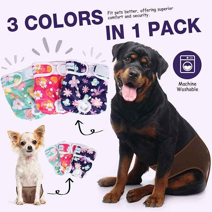 Pet Soft Washable Female Diapers (3 Pack) Female Dog Diapers, Comfort Reusable Doggy Diapers for Girl Dog in Period Heat (Bloom, XL)