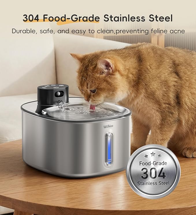 Stainless Steel Cat Water Fountain, 142fl.oz/4.2L Cat Fountain Battery Operated with Motion Sensor, Pet Water Dispenser Cordless for Cats & Dogs Indoor