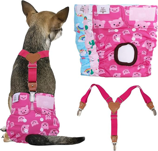 CuteBone Dog Diapers Female 3 Pack Reusable Doggy Diapers with One Suspender for Small Medium Large Dog Period BDD05S