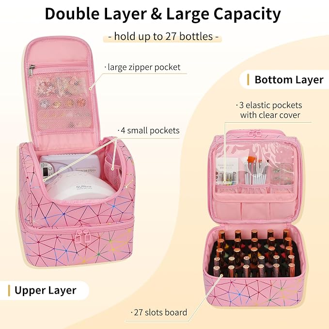 CUBETASTIC Nail Polish Organizer Bag, Double Layer Nail Tech Travel Case Holds 27 Bottles & Nail Lamp, Pink Nail Storage Organizer Box for Supplies, Portable Manicure Case