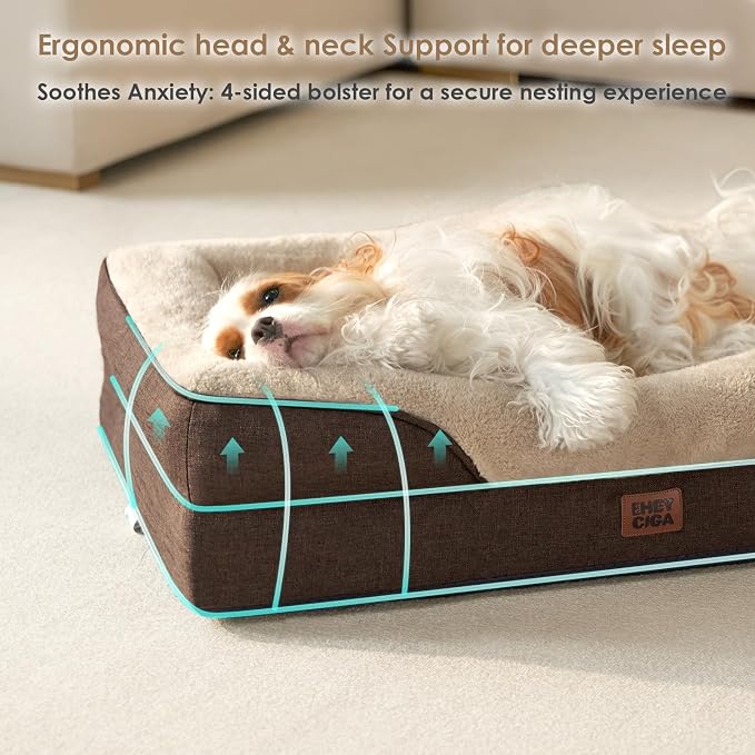 EHEYCIGA Orthopedic Dog Bed for Large Sized Dog, 36x27 Inch Large Memory Foam Dog Couch Bed with Sides, Waterproof Liner & Washable Removable Cover, Bolster Pet Sofa, Brown