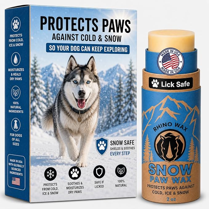 Rhino Wax - Dog Paw Snow Wax 2oz - Winter Balm for Dogs Feet - Protects Against Cold, Icy, Salt, Wintery Conditions - Moisturizes and Improves Elasticity - Lick-Safe, Natural Ingredients - Made in USA