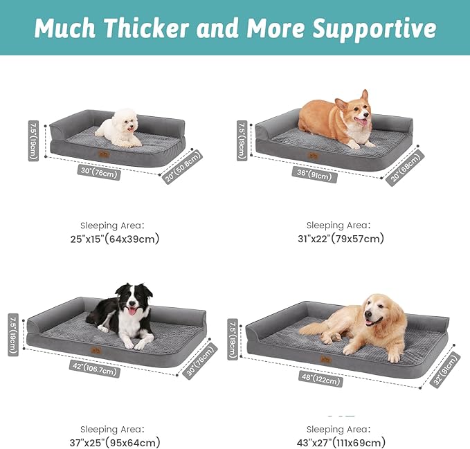 COZY KISS Orthopedic Dog Bed for Large Size Dog, XL Dogs Crate Bed, L Shaped Foam Anti-Slip Bottom Pet Cat Sofa with Washable Removable Cover, Suitable for Pet Up to 100 lbs, 42x30x7.5 inch, Grey