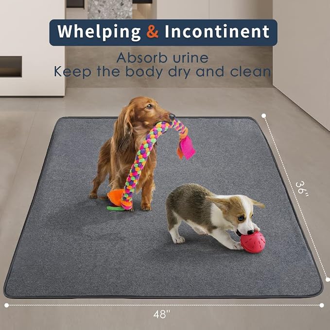 Washable Pee Pads for Dogs, Extra Large Reusable Dog Pee Pad, Waterproof Pet Mat, Dog Playpen Mats for Puppy Training Whelping Playpen Pads, Grey, 48x36 inch