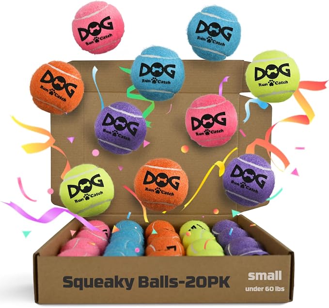 INSUM 20 Pack Small Tennis Balls for Dogs - 2 Inch Squeaky Dog Balls Toys with Mesh Bag, SGS Certified, Durable Non-Toxic, Built in Squeaker, Small Breeds