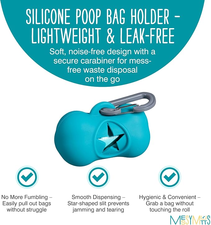 Messy Mutts Blue Silicone Dog Poop Bag Dispenser with 240 Unscented Advanced BioRecycle™ Waste Bags & 16 Starter Bags | Easy Care Refill Rolls for Pet Cleanup