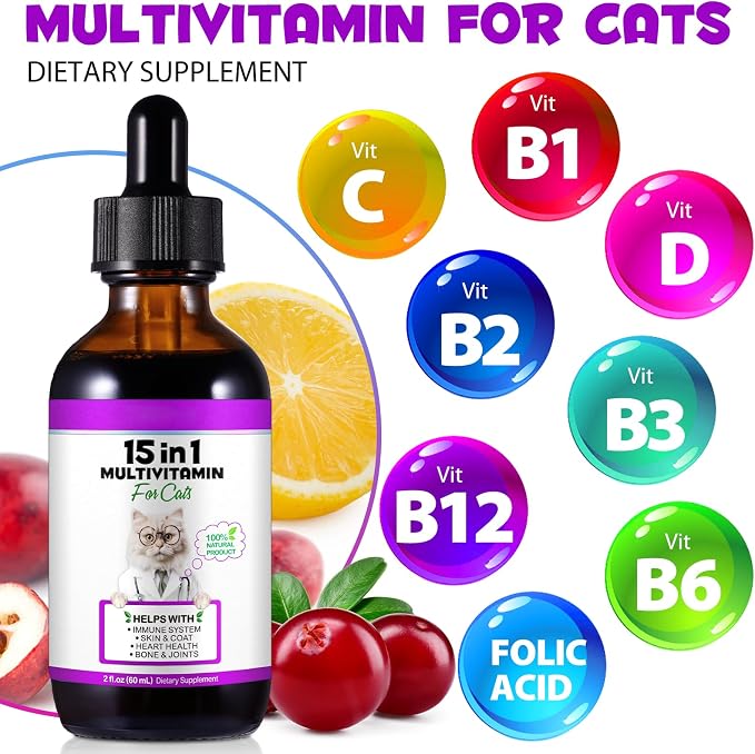 VOSIFSDIY Cat Multivitamin,15 in 1 Cat Vitamins Liquid Drops Supplements for Heart Health, Bones, Joint, Skin & Coat, Bladder, Immune System Support 60ml-2pcs
