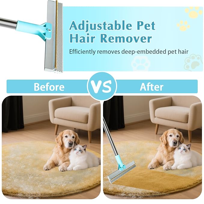 Pet Hair Remover for Carpet, Carpet Rake for Pet Hair Removal with 54" Adjustable Handle, Reusable Dog Hair Remover Broom with Copper Teeth & TPU Brush for Rugs, Couch, Mats and Pet Beds