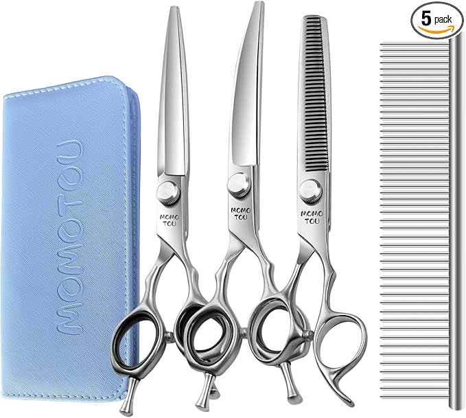 Dog Grooming Scissors Set 3 in 1 with Straight, Curved, Thinning Scissors and Comb Stainless Steel Dog Shears for Grooming Pets and Cats,Sharp and Durable