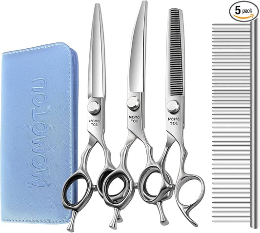Dog Grooming Scissors Set 3 in 1 with Straight, Curved, Thinning Scissors and Comb Stainless Steel Dog Shears for Grooming Pets and Cats,Sharp and Durable