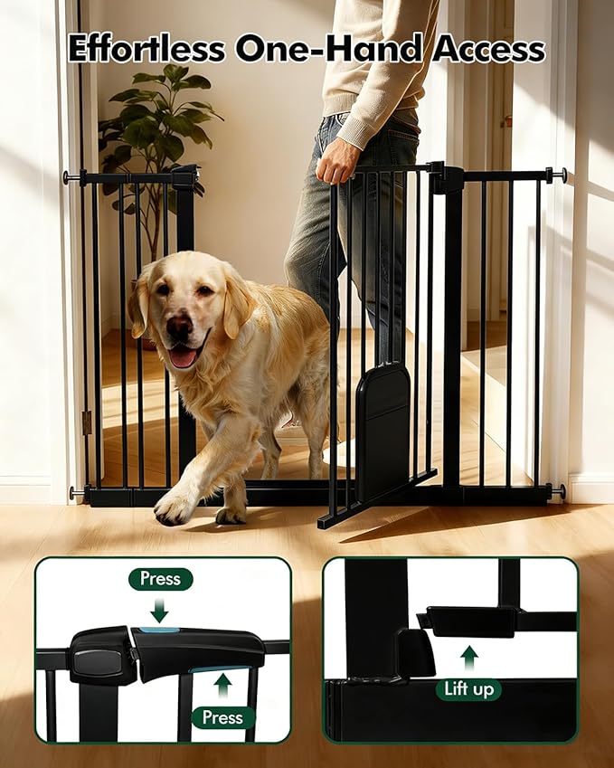 Pet Gate with Adjustable Cat Door, 31–46 Inch Pressure Mounted Dog Gate for Doorways, Stairs and Hallways, Auto Close Walk Through Metal Gate, No Drilling, Black