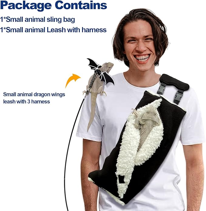 Adjustable Fluffy Bearded Dragon Sling Carrier Bag, Reptile Carrier with Leash Harness Lizard Cage Accessories for Small Animal, Ferrets, Squirrel, Hamsters,Parrot (Black)