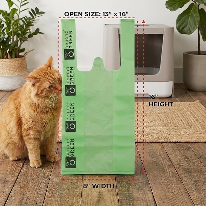 beyondGREEN Cat Litter Waste Bags with Handles, 100 Count — Green, Strong 20 Micron Litter Pick-Up Bags, Easy-Tie, 8" x 16" with 2.5" Gussets, Made in USA