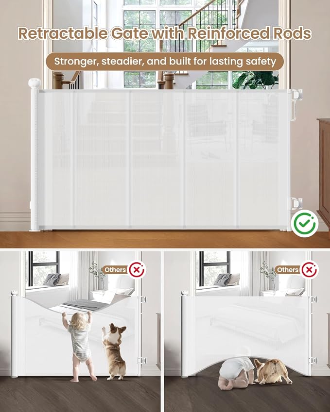 Retractable Baby Gate, 55" Wide Reinforced Mesh Baby Gate with 4 Fiberglass Support Rods for a Tighter Fit, 34" Tall Retractable Dog Gate for Stairways, Hallways and Doorways, White