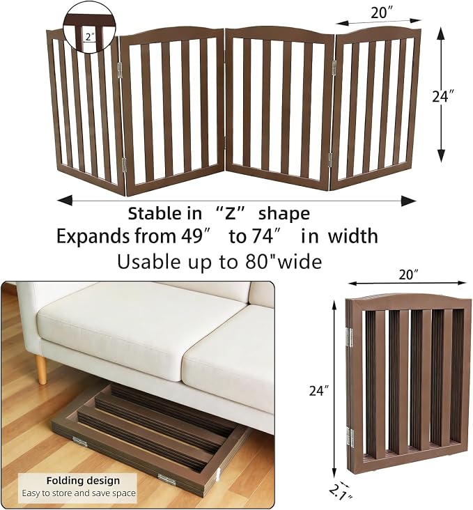 Freestanding Dog Gate Indoor,Doggie Gate Foldable Pet Gates for Doorways,Stairs or Hallways, Wooden Brown Pet Gate for the House, Pet Fence,24 "Height-4 Panels