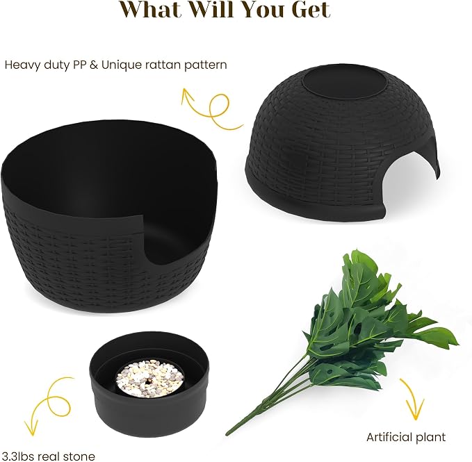 FansaFurn Hidden Litter Box with Faux Plant, Large Cat Litter Box with Rattan Pattern, Heavy Duty PP Material Litter Box Enclosure Furniture for Home Decor, Black