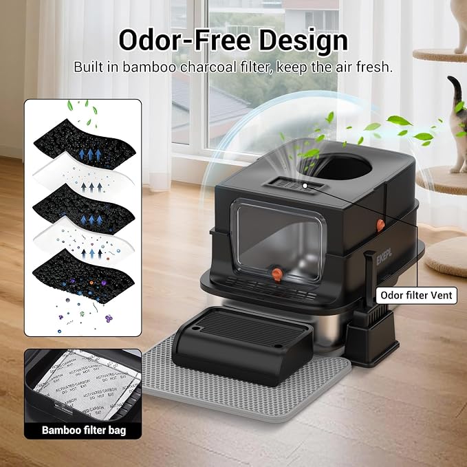Stainless Steel Cat Litter Box with Lid, Extra Large Cat Litter Box for Large Cats, Metal Litter Boxs with High Sided Enclosed and Scoop, Easy to Clean, Top Entry, Odor Control, Black