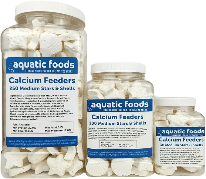 Medium Size Calcium Feeder Stars & Shells for Shrimp, Snails, Crabs, Crayfish, Hermit Crabs and All Tropical Fish…100 Count Jar