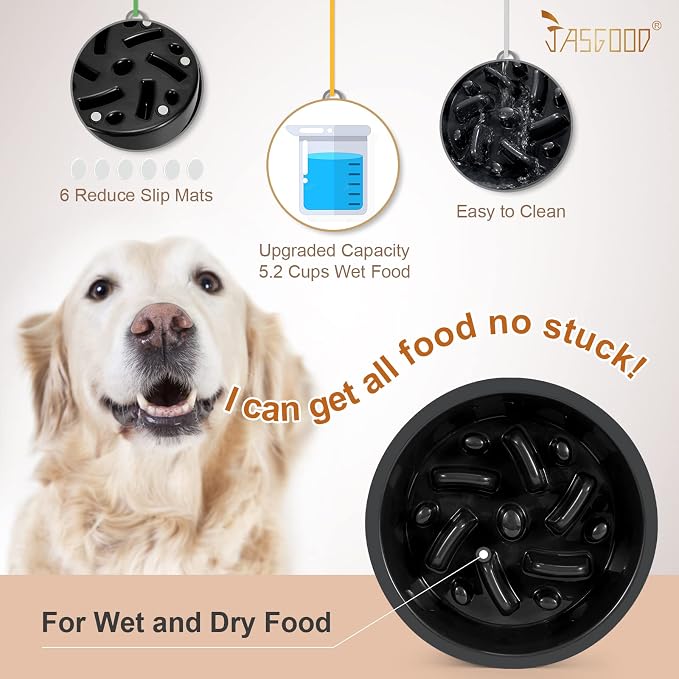 JASGOOD Large Dog Feeder Slow Eating Pet Bowl for Raised Pet Feeders Preventing Choking Food Water Bowl Elevated Diners Replacement Bowl (Black,Large,Fit Opening 8.9"-9.25") (Pack of 2)