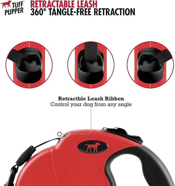Tuff Pupper Retractable Dog Leash and 27oz Pupflask Portable Water Bottle - Red