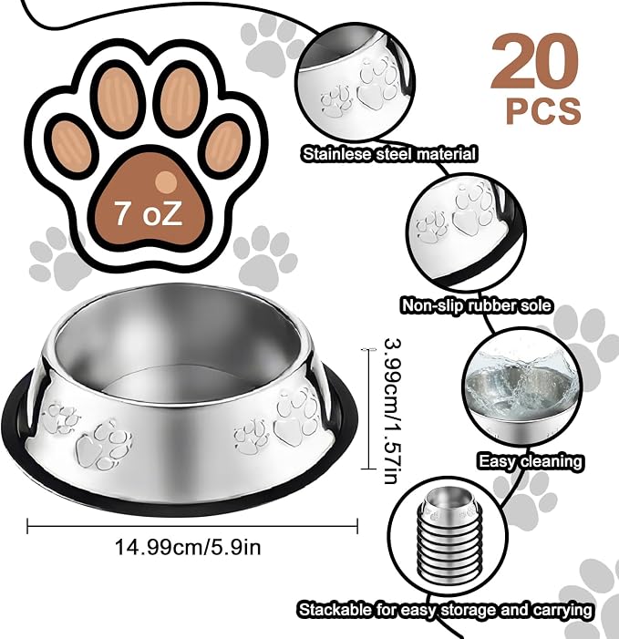 20 Pcs Stainless Steel Dog Bowl Pet Feeding Bowl with Rubber Base Non-Slip Pet Dishes Metal Dog Bowls Pet Food and Water Bowls for Small Medium Animals Kitten Rabbit (7 oz)