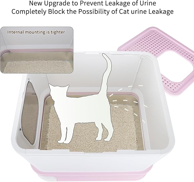 RIZZARI Stainless Steel Cat Box: Large Size for Cats Up to 45 lbs - Pink Covered Odor Control Enclosure with Easy Cleaning - Teflon Non-Stick Coating - Anti-Splash for Multi-Cat Homes & Apartments